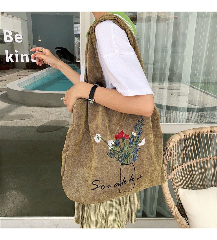 Vrouwen Borduren Canvas Boodschappentassen Dame Corduroy Schoudertas Grote Capaciteit Eco Katoenen Doek Handtas Tote: khaki