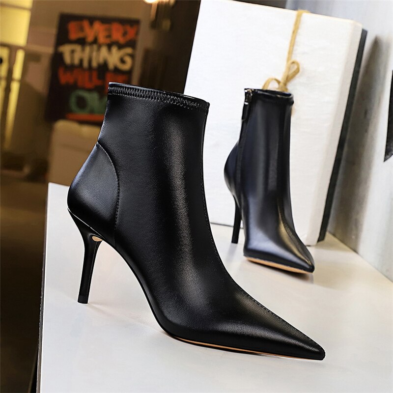 Women 8cm High Heels Boots Black Pointed Toe Leather Thin Low Heels Ankle Boots Sexy Nightclub Party Zip Short Shoe