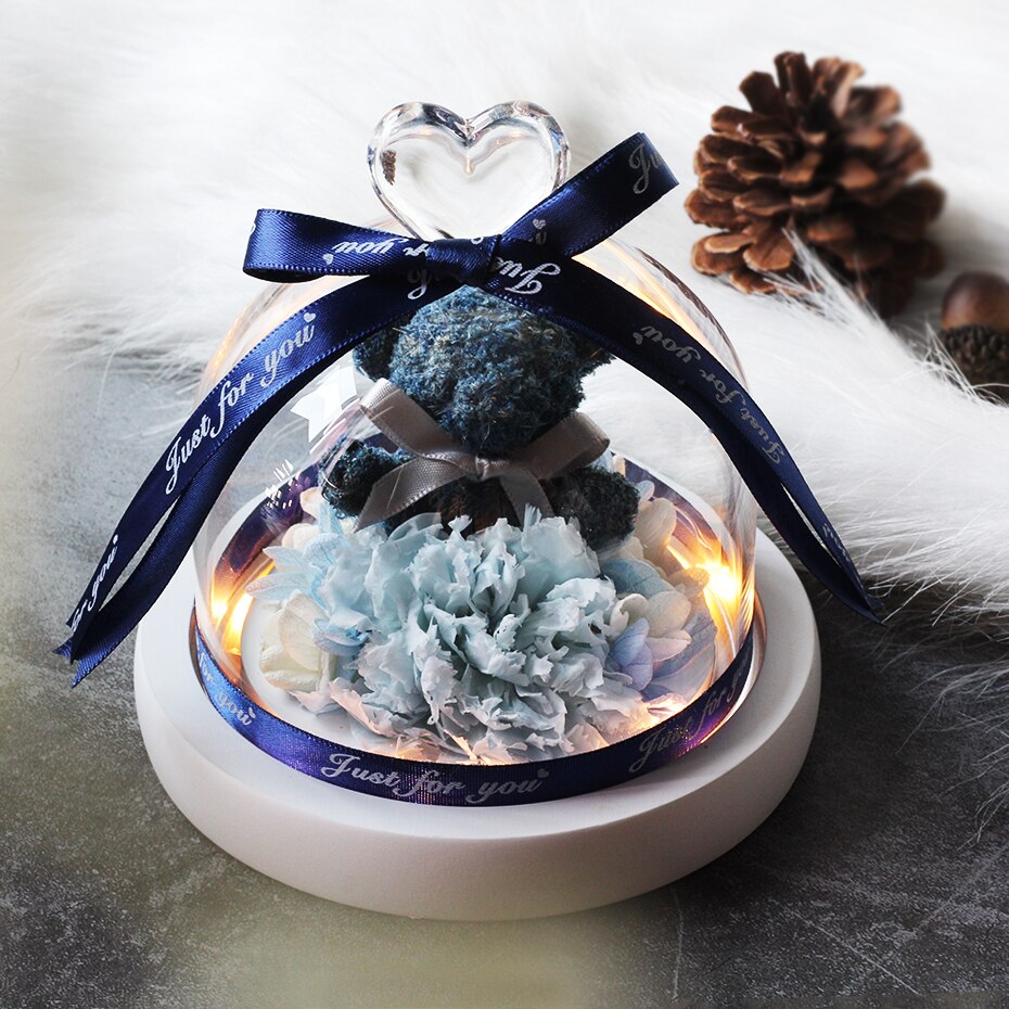 Getrocknete Blumen Ornamente Erhalten Rosen Bears in Glas Abdeckung mit Lichter Hochzeit Weihnachten Neue Jahr Wohnkultur für Mädchen: B36
