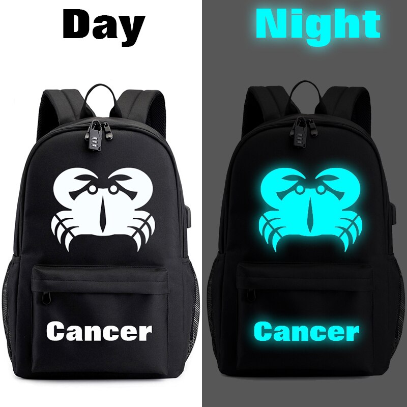 Lumineux 12 zodiaque cartable Leo vierge Taurus Gemini scorpion sac à dos 12 Constellations garçons et filles sac à dos pour enfants: Cancer
