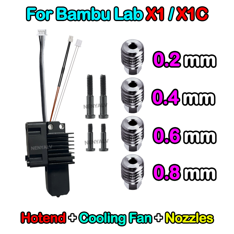 Bambu Lab X1/X1C/P1P/P1S Metal Hotend With Cooling Fan Hardened Brass Copper 0.2/0.4/0.6/0.8mm Nozzle 3D Printer: Gold