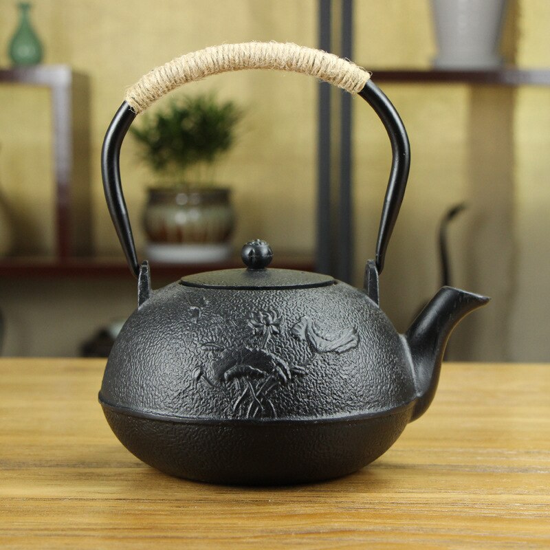 Gjutjärnskruka japansk ren handgjord järnkruka föredrar ögonbrynsspets järntekanna obestruken järnkruka clearance blomma svart 1.2l: L