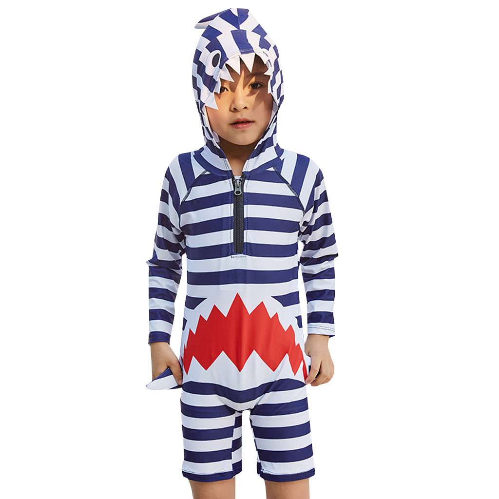 Kinderen Badmode Sport Baby Boy Lange Mouw Cartoon Shark Streep Hooded Baden Zwembad Beachwear Bikini Badpak Badpak T9 #: 2-3 Years