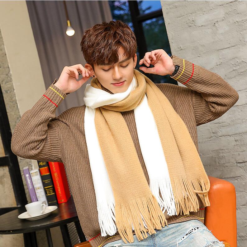 Pañuelo y grueso para hombre, bufanda de lana tejida, para estudiantes jóvenes, color azul marino, vino tinto, invierno,: yellow and white