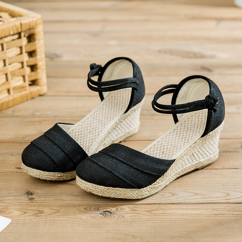 Veowalk – Espadrilles à semelles compensées en lin pour femmes, sandales faites à la main en Patchwork, plates-formes de 6cm, chaussures bohème, escarpins d'été: Black / 4