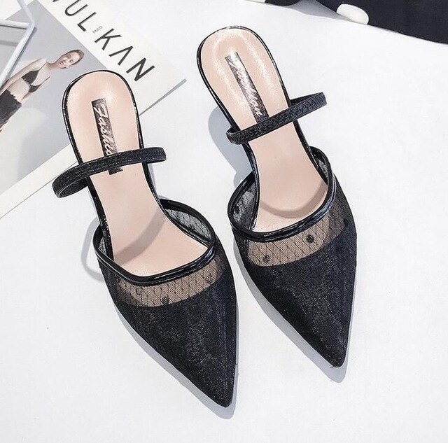 Sandalias de lunares nuevos para mujer, zapatos de tacón alto con puntera puntiaguda, de encaje, Estilo Vintage geométrico, E485,: Black / 34