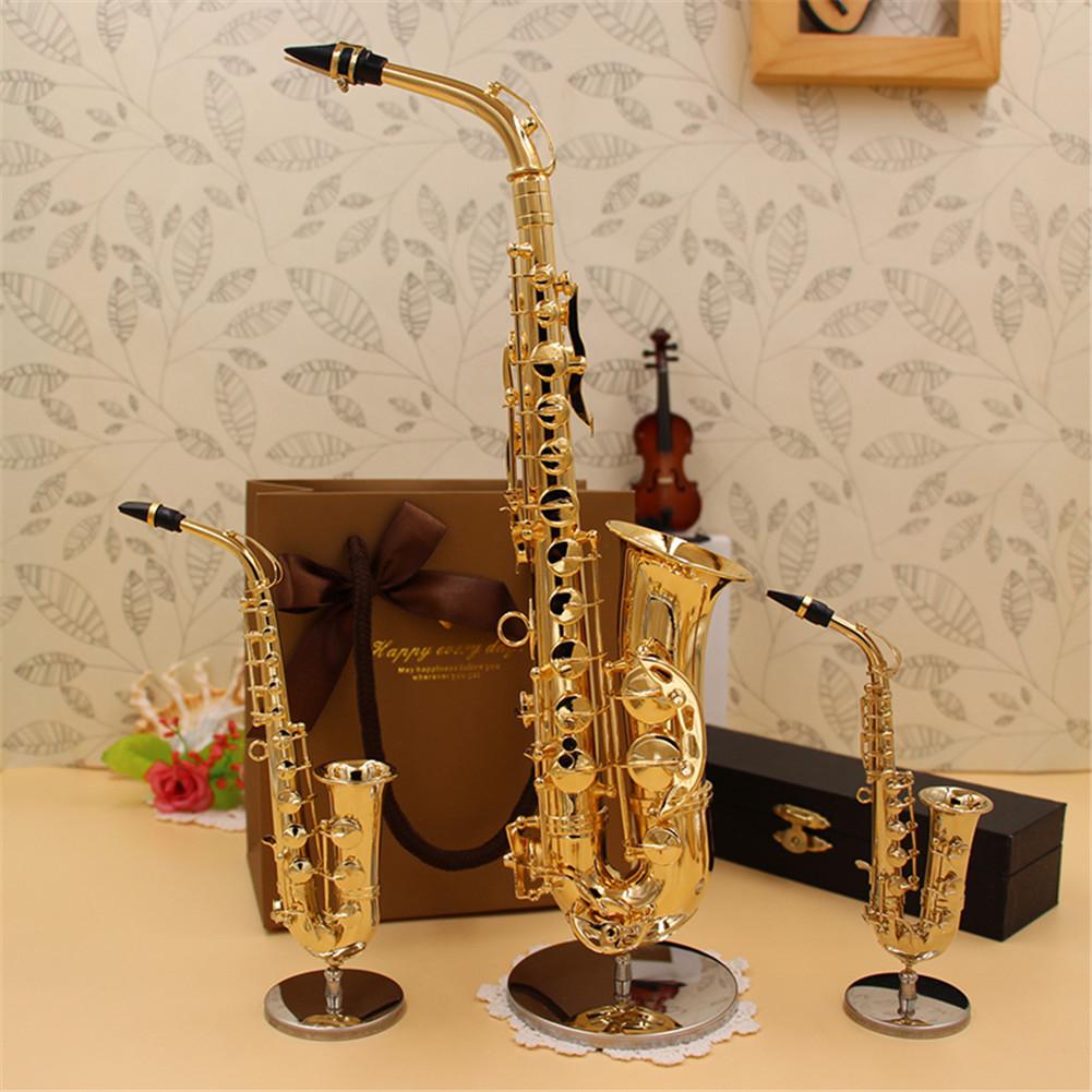 Mini Saxofoon Model Muziekinstrument Koperen Broche Miniatuur Bureau Decor Display Met Doos + Beugel Voor Muziekinstrument