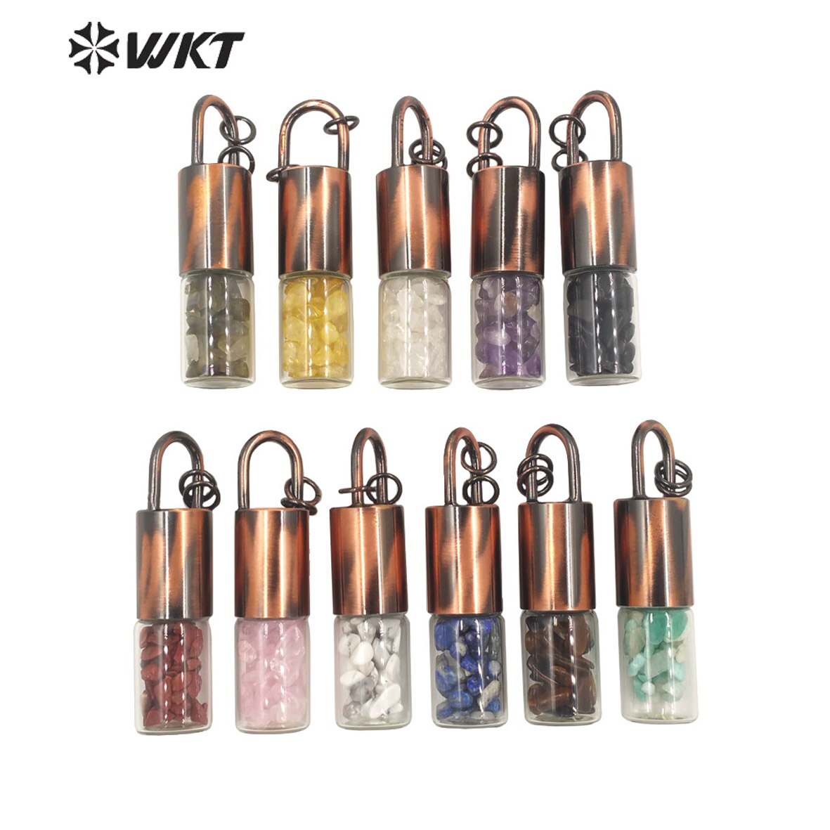 WT-N1324 Jahrgang Antike Kupfer Glas Flasche Nuggest Stein Flasche Halskette Edelsteine Kristall Chip Flasche Charme Aromatherapie Schmuck: gemischt Farbe