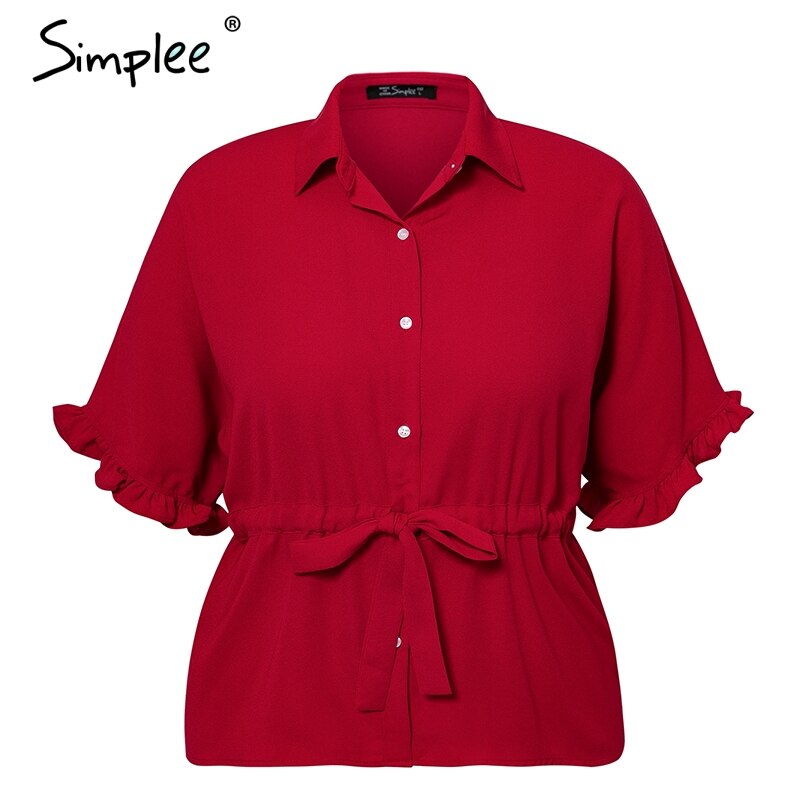 Simplee flæse plus size damebluse løse korte ærmer sashes kvindelige skjorte top afslappet kontor solide toppe og bluser: Burgunder / Xxl