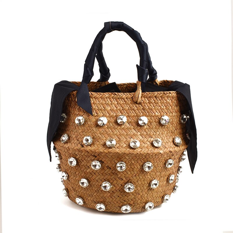 Bolso de paja adornado a mano, bolso playero para vacaciones de verano con perlas, bolso de punto para mujer, bolso de con diamantes, bolsos de mano populares: Big Diamond / L 22x20