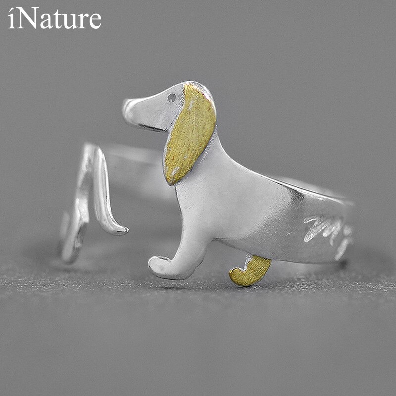 INATURE Cute Dachshund Dog Adjustable Ring 925 Sterling Silver Open Rings for Women