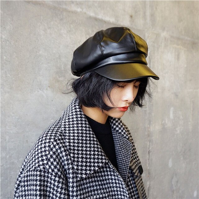Boina T-MAO de cuero Pu para hombre y mujer, gorro liso Vintage, , Color sólido, para invierno