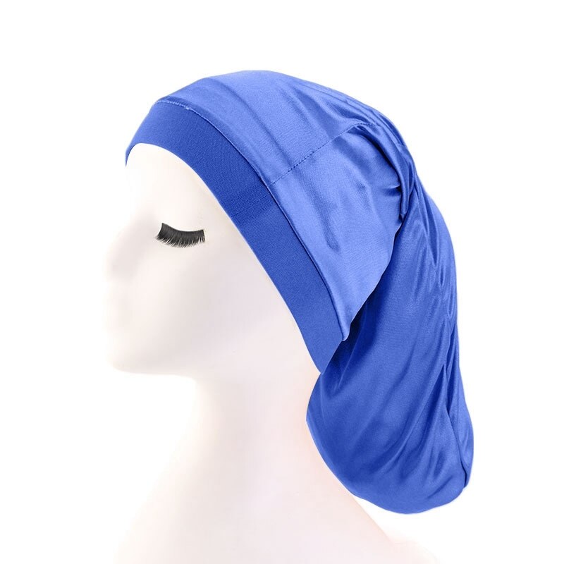Haarkappen brede elastische band satijnen zakmuts zijdezachte dreadlock vlechten baggy muts mannen vrouwen lange cilinder slaapmutsen: Blauw