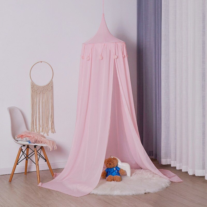 Nórdico cama do bebê dossel mosquiteiro rede berço com pompom cúpula redonda pendurado tenda crianças jogar tenda crianças quarto decoração: Rosa