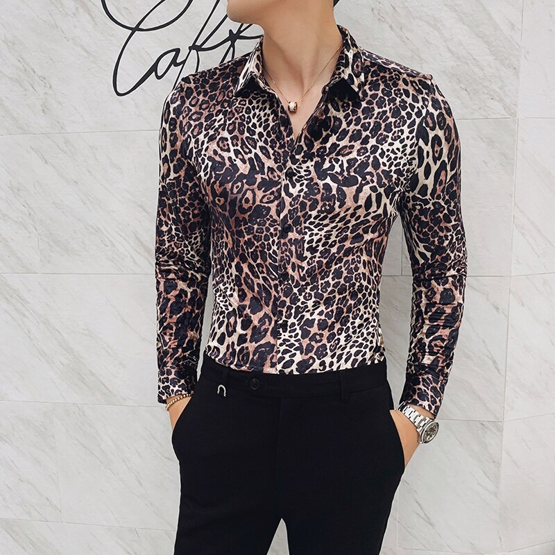 Leopardtrykt herre flannel skjorter festkjole klub outfits slim fit britisk tøj stilfulde skjorter herre fløjl skjorter