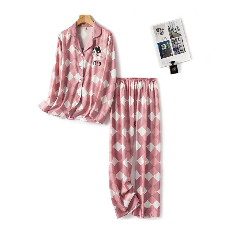 Spring and summer ice and snow silk ladies cartoon pajamas set women: pink / M