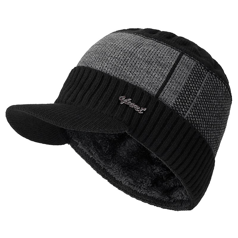 Gorros de invierno con visera de piel para hombre y mujer, Gorras de lana, gorros tejidos: black