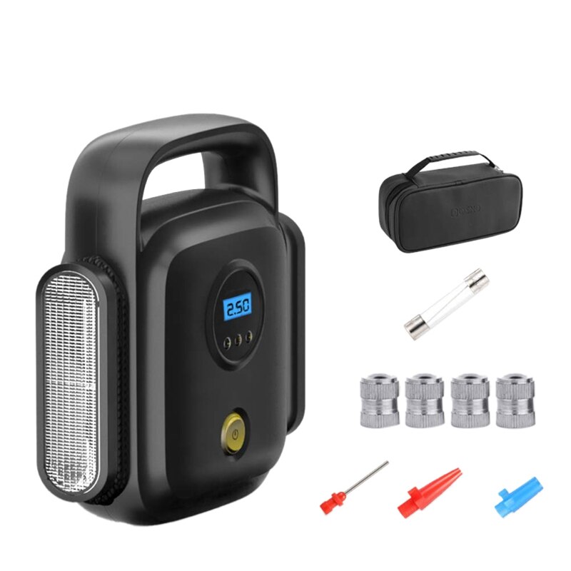 Air Compressor Tire Inflator Portable,Digital Pressure Gauge Auto Shutoff DC 12V Car Tyre Pump With Extra Nozzle And LED Light f: Black