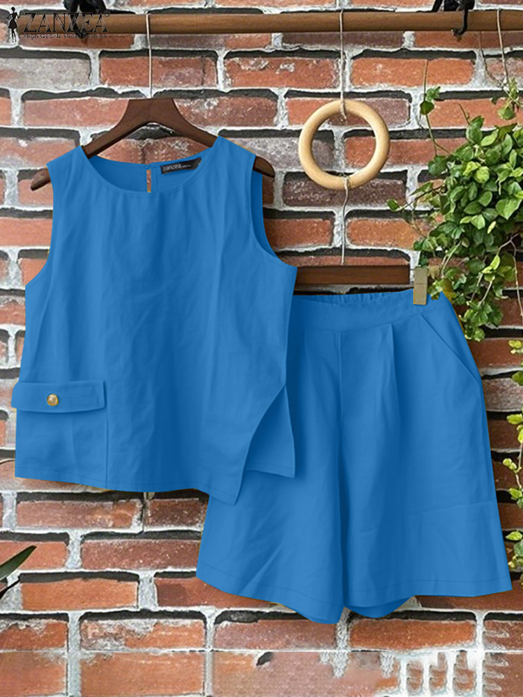 Zanzea sommar 2 st outfits ärmlös oregelbunden blus korta set casual enfärgade träningsoveraller kvinnor lösa matchande set: M / Blå