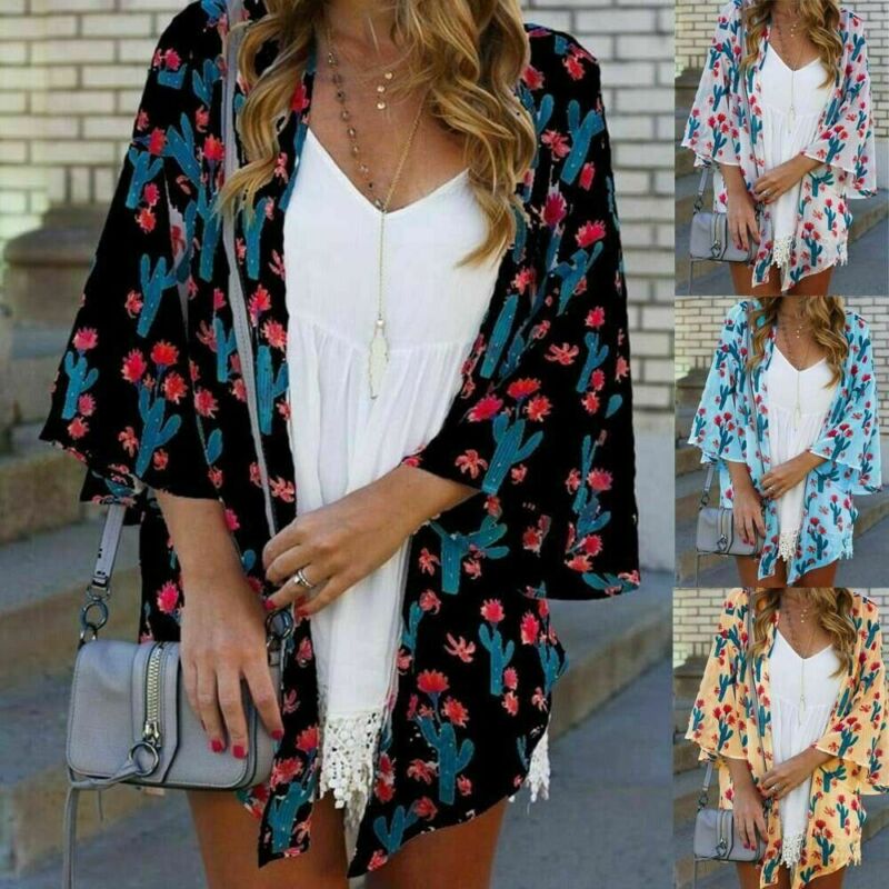 Zomer Vrouwen Lady Boho Beach Cover Up Kant Bloemen Vest Kimono Chiffon Blouse