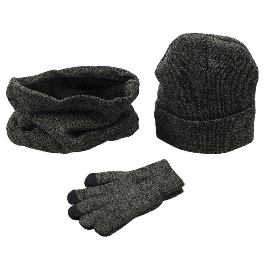 Kvinder vinterhuer tørklæder handsker kit strikket plus fløjlshue tørklædesæt til mandlige kvinder 3 stk/sæt huer tørklædehandske: Dybgrå