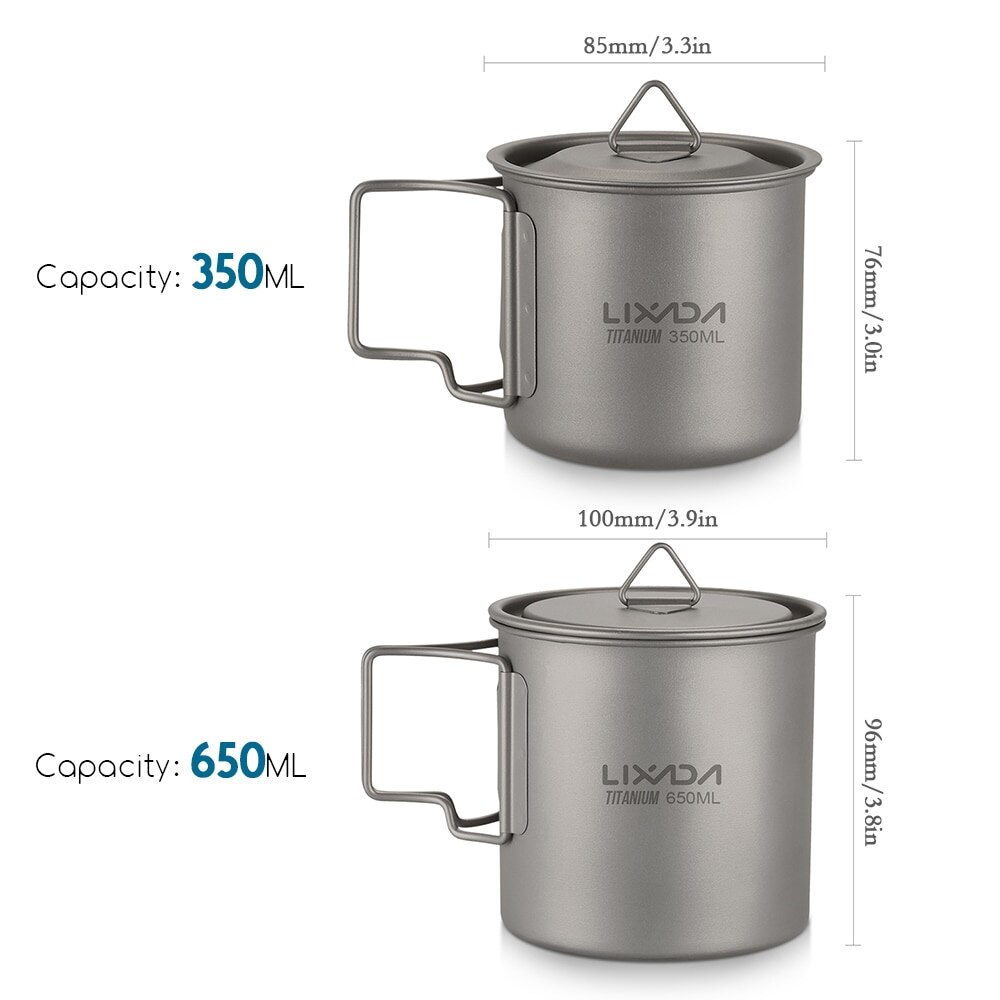 Lixada Camping Becher Ultraleicht Titan Tasse draussen Tragbare Picknick Wasser Tasse mit Faltbare Griff 300ml / 350ml / 550ml / 650ml