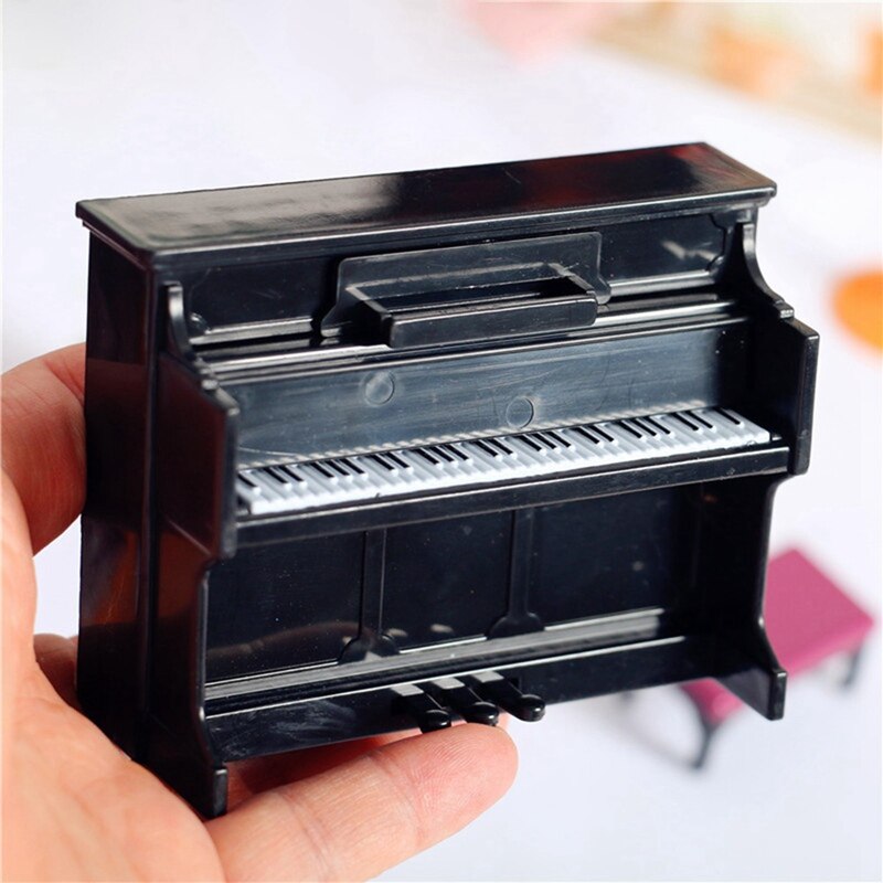 1/12 Dollhouse Mini Plastic Piano Met Kruk Muziekinstrument Model Voor Poppenhuis Accessoires Decor 3Pcs Miniatuur Piano Set