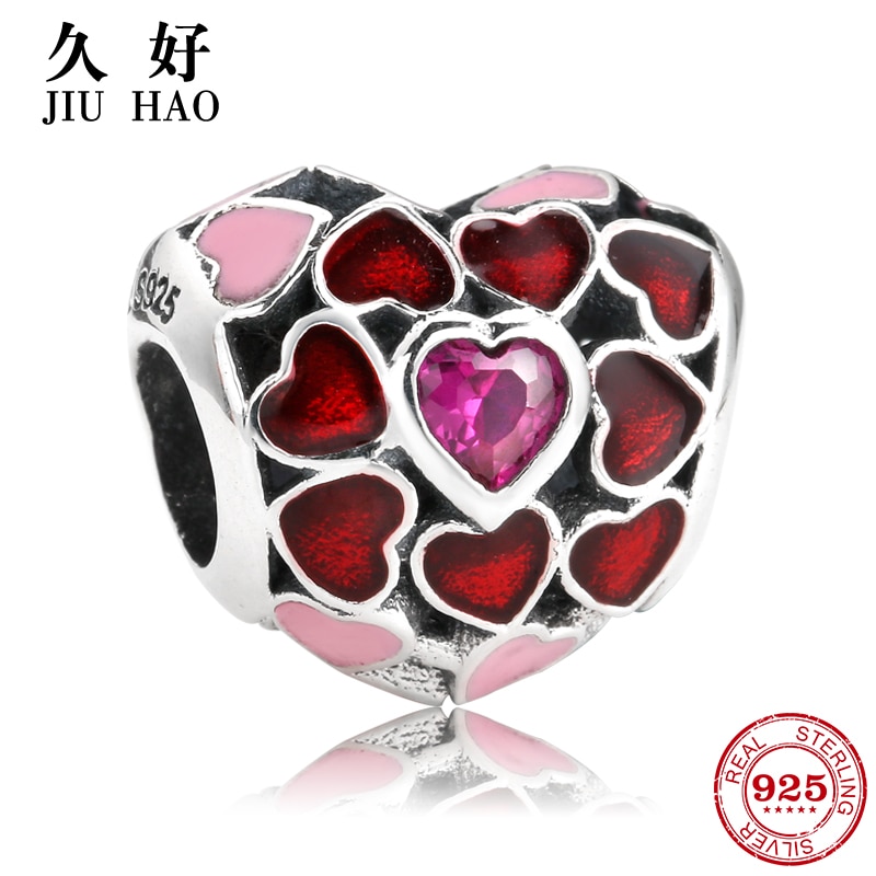 Vendita calda 925 sterlina d'argento rosso cuore zirconi Misura branelli Originale JIUHAO Pendenti E Ciondoli Dei Monili Del Braccialetto