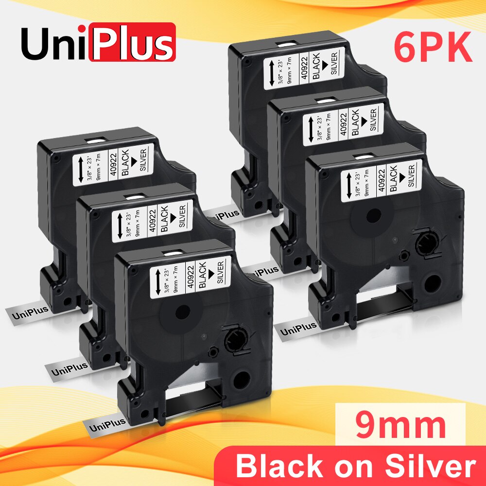 UniPlus Compatible Dymo D1 Label Tape 40922 Black on Silver 9mm*7m Labeling for Dymo Label Maker Printer Ribbon LabelPoint 350: 6 pieces