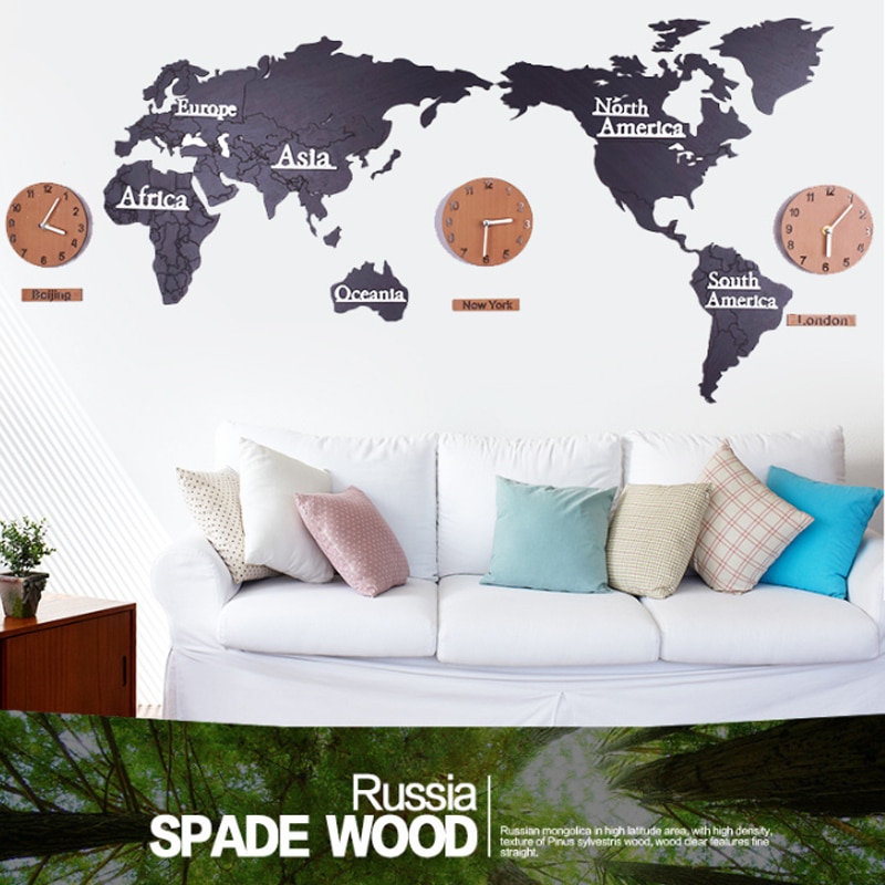 Wall Clock DIY 3D World Map Large Wooden MDF Wood Watch Wall Clock Modern European Style Round Mute Relogio De Parede