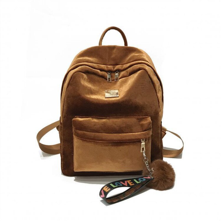 Women Backpack Velvet Ribbon Large School Bags for Teenage Girls Hairball College Backpack Bagpack Travel Bag Rucksack Mochila: Brown