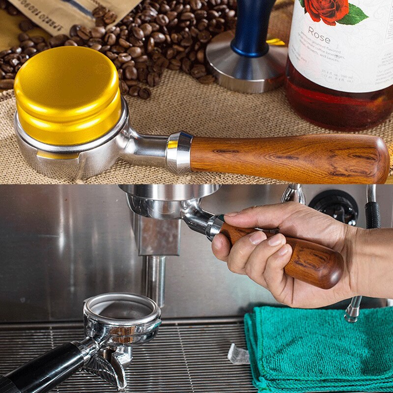 Rostfri kaffemaskin bottenlös filterhållare filter handtag i italiensk valnöt för tillbehör