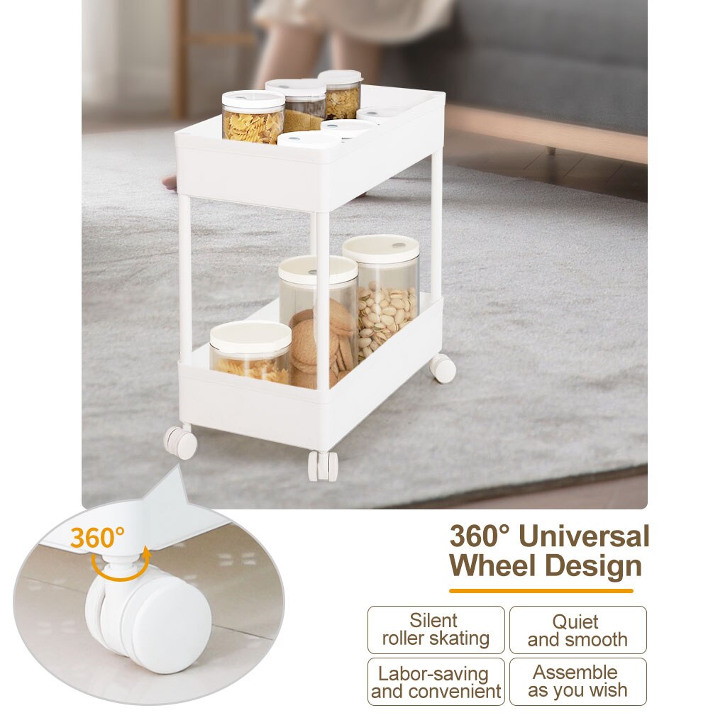 BAOYOUNI 2 Tier Plastic Slim Trolley Movable Storage Cart Pull Out Trolley Shelf with Wheels for Kitchen Bathroom White