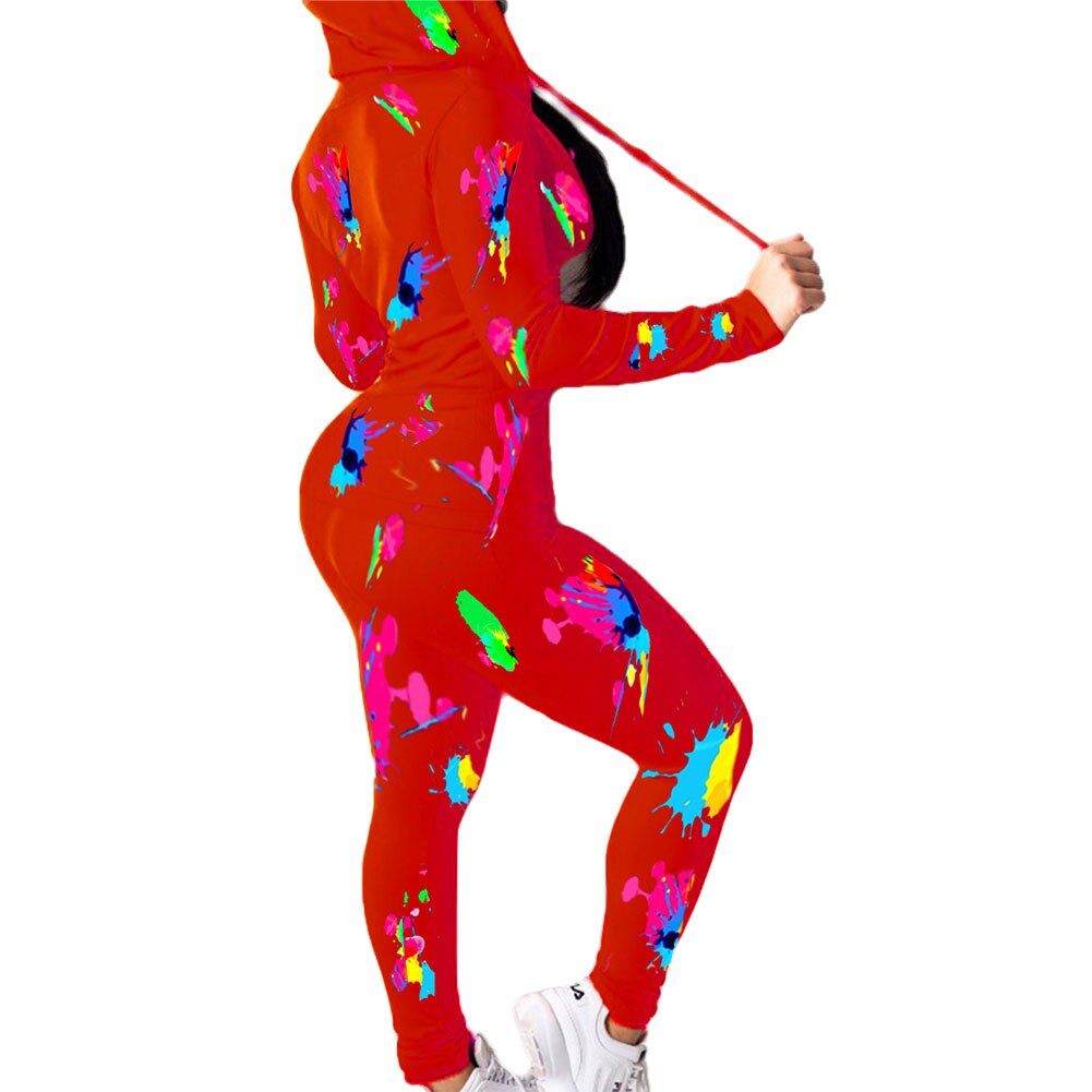 2Pcs Vrouwen Herfst Outfit, multicolor Afdrukken Lange Mouwen Rits Open Hoodie + Elastische Taille Broek Pak Voor Dames