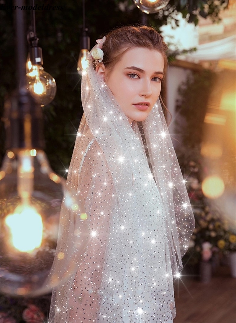 Voiles de mariée longs brillants, une couche de paillettes scintillantes, bon marché, accessoires pour Mariage,