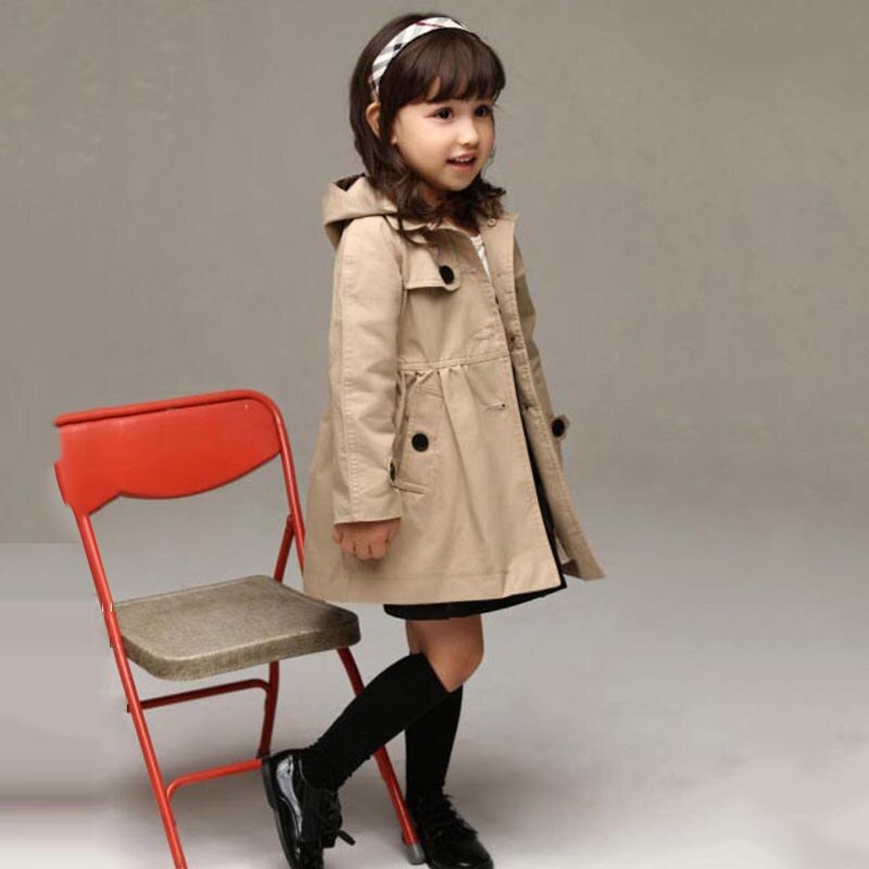 Coupe-vent d'automne pour enfants Style anglais, vêtements d'extérieur pour bébés filles, vêtements solides pour enfants, col rabattu, bouton, manteau pour enfants: Khaki / 120-Height 110-120cm