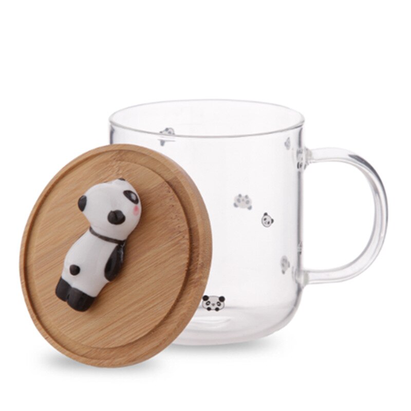 Vaso transparente de Panda travieso con mango de tapa 3D vidrio de dibujos animados resistente a altas temperaturas borosilicato hogar taza de jugo de té