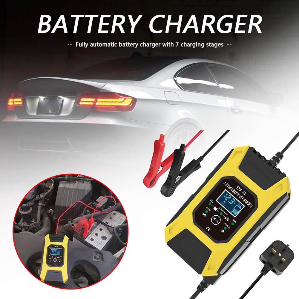 Smart Car Battery Charger 12V 7A 7-Stage Automatic Pulse Repair Charger with LCD for AGM Lead Acid Wet Gel Dry Cell Battery