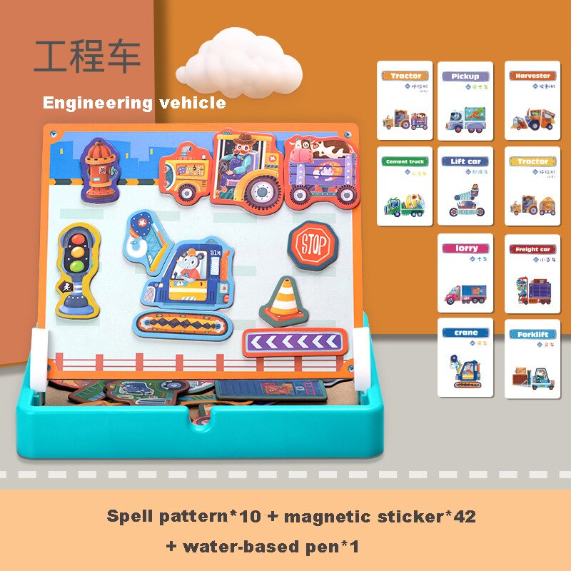 Kids Magnetic Puzzle Jigsaw Traffic Change Face Game Double-Sided Drawing Board Baby Early Education Toys For Children: Engineering-vehicle