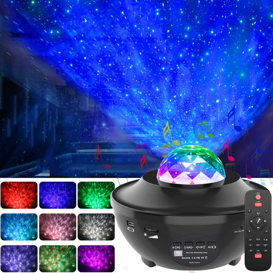 Projecteur LED USB, galaxie, lampe de ciel étoilé, commande vocale, veilleuse clignotante avec haut-parleur Bluetooth, musique: B