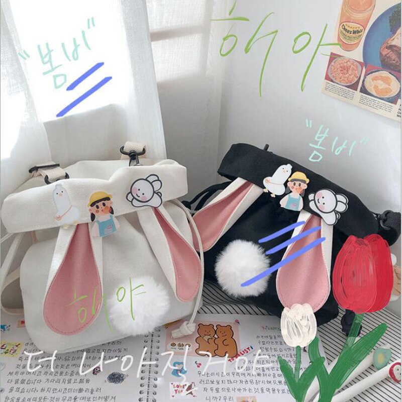 SchöNe Kaninchen Ohren Leinwand Tasche Lolita Mädchen Studenten Kordelzug Tasche Bote Taschen