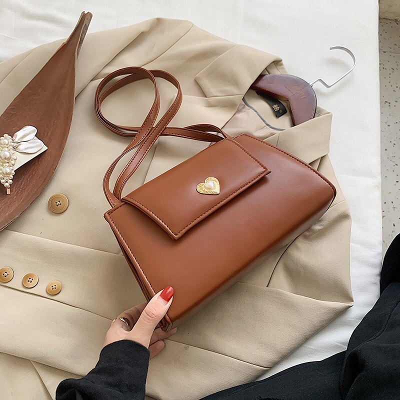 Herz Vintage Schulter Tasche Für Frauen Hand Tasche Kleine Solide Elegante Branded Handtaschen Weibliche Büro Dame Retro: brown bag