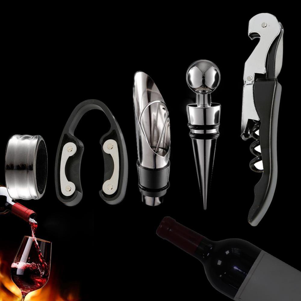 5 stk / sæt vinåbner kit rustfrit stål vinåbner hælder vinring vin karaffel flaskeåbner cutter bar tilbehør: Default Title