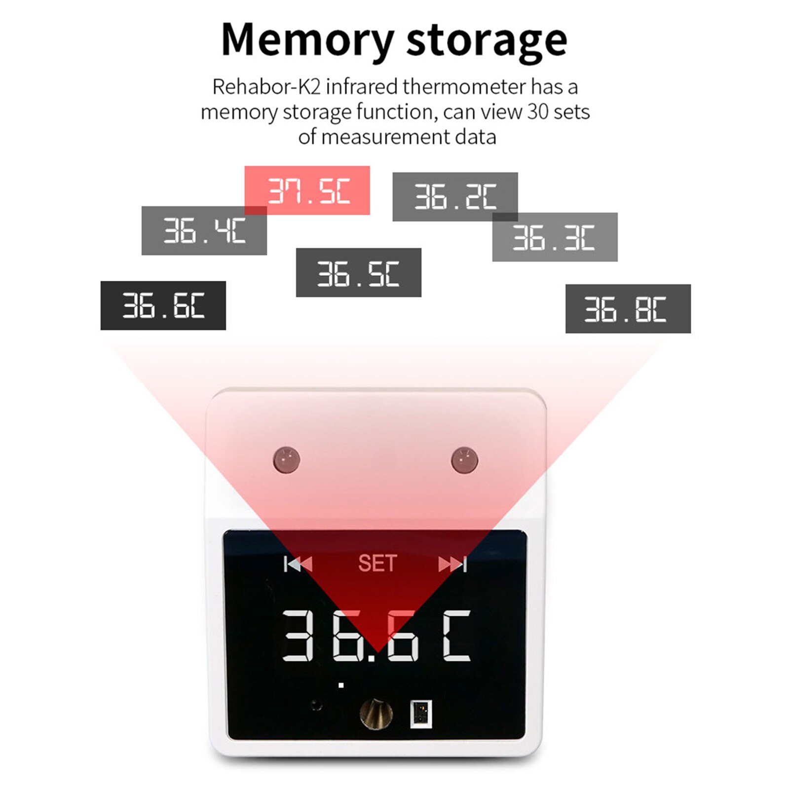 Non-contact Infrared Mini Thermometer Clock Function Counting Function 30 Memory Sets 3 Fixing Ways °C/°F Powered by USB/battery