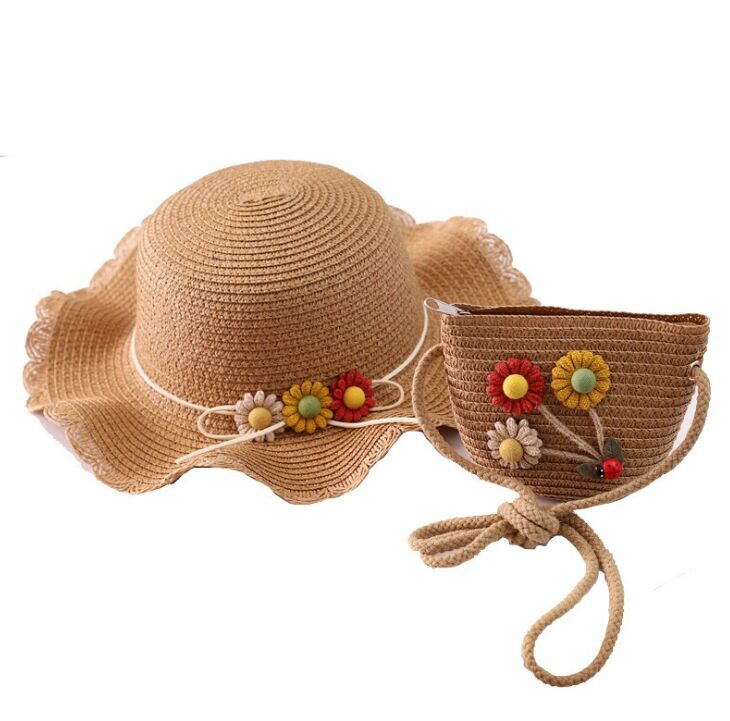 Chapeau et sacs en paille à fleurs pour enfants, ensemble deux pièces décontracté pour filles, sac à bandoulière + chapeau de soleil pour bébé, plage, panama, gorros: 001
