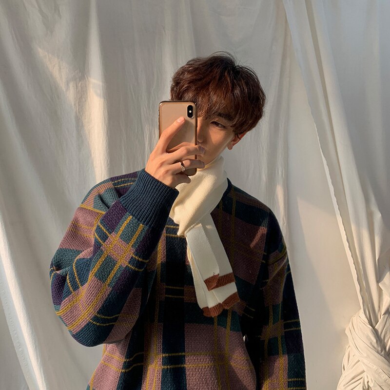 IEFB-suéter grueso a cuadros para hombre, ropa de coreana, tops de punto veintage sueltos, bloque de color, otoño e invierno, 3242