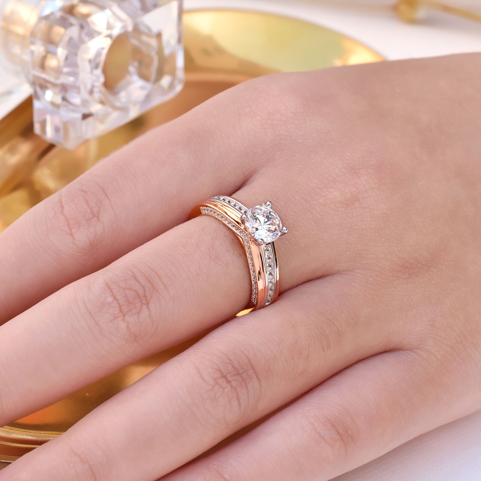 Newshe Rose Goud Wit Kleur Wedding Engagement Rings Voor Vrouwen 100% 925 Sterling Zilver Ronde Cut Aaaaa Cz Prachtige Sieraden