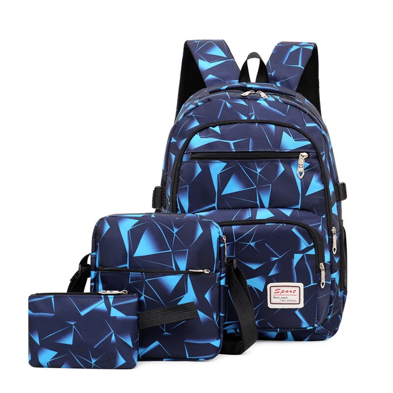 3pcs/set Male backpacks high school bags for women boys one shoulder big student travel bag men school backpack mochila: sky blue