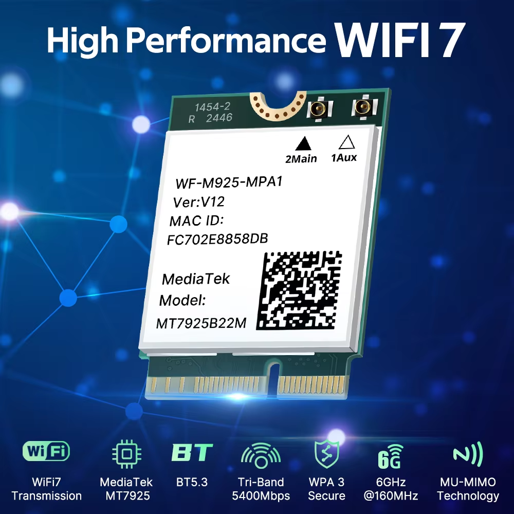 MT7925 WiFi 7 Network Card 5400Mbps For Bluetooth 5.3 Tri Band 2.4G 5Ghz 6GHz M.2 NGFF Wireless Adapter For Win 10 Win 11