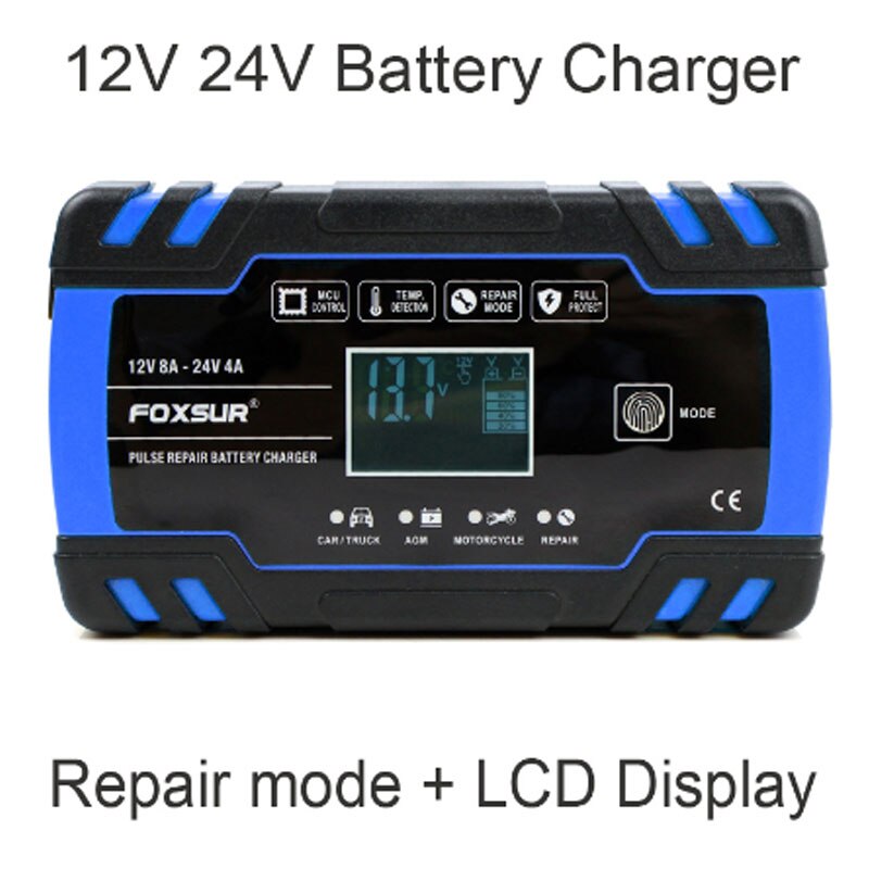FOXSUR Car Motorcycle Battery Charger 12V 8A 24V 4A Smart Fast Charging for AGM GEL WET EFB Lead Acid Battery Charger
